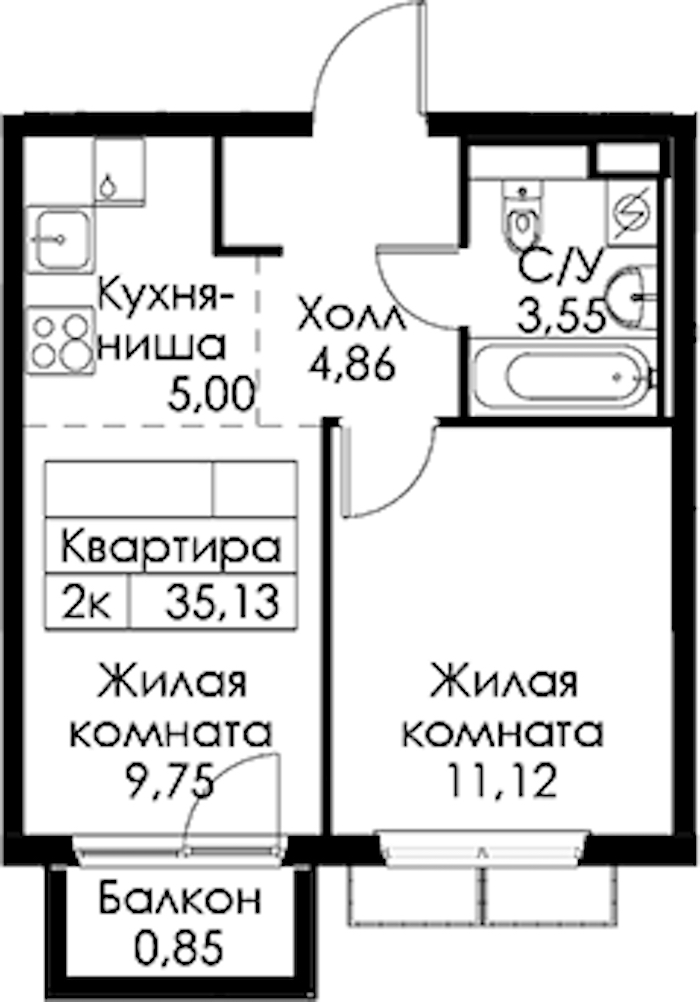 1-комнатная квартира 35.13 м², 9/15 эт., ЖК «Янинский лес»